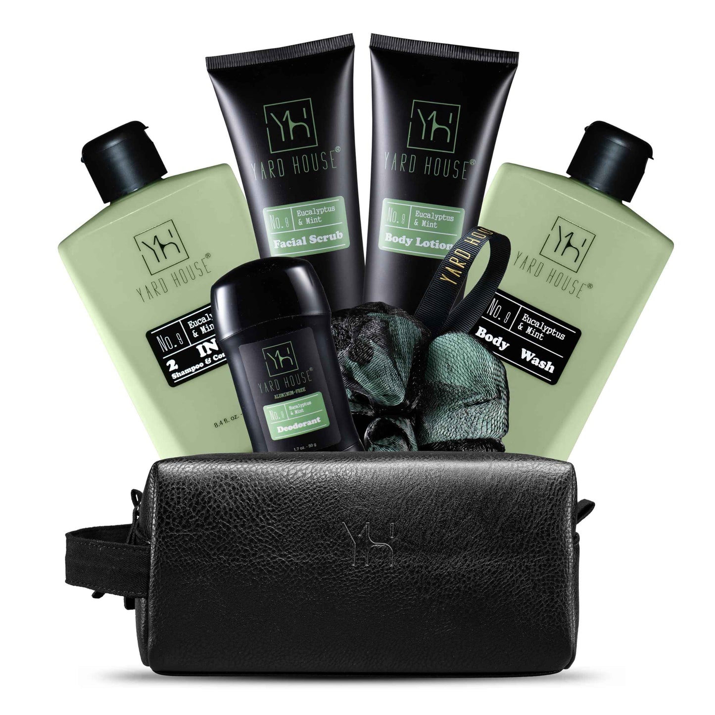 Yard House Mens Luxury Bath and Body Gift Set For Him - Skin Care Kit in Eucalyptus and Mint - Fathers Day Birthday Christmas Gifts Ideas For Men - 7Pcs Set w. Full Size Items in Leather Toiletry Bag