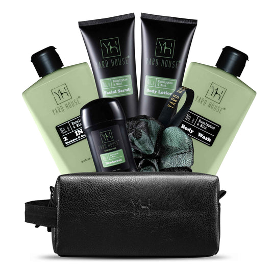 Yard House Mens Luxury Bath and Body Gift Set For Him - Skin Care Kit in Eucalyptus and Mint - Fathers Day Birthday Christmas Gifts Ideas For Men - 7Pcs Set w. Full Size Items in Leather Toiletry Bag