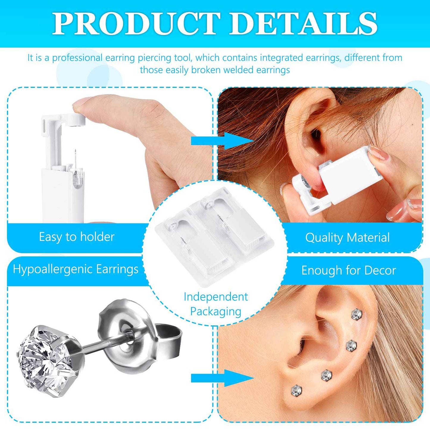Mudder 16 Pcs Disposable Ear Piercing Gun Kit, Painless for Earlobes & Nose with Crystal Studs, Safe for Kids, Babies & Home Use(White)