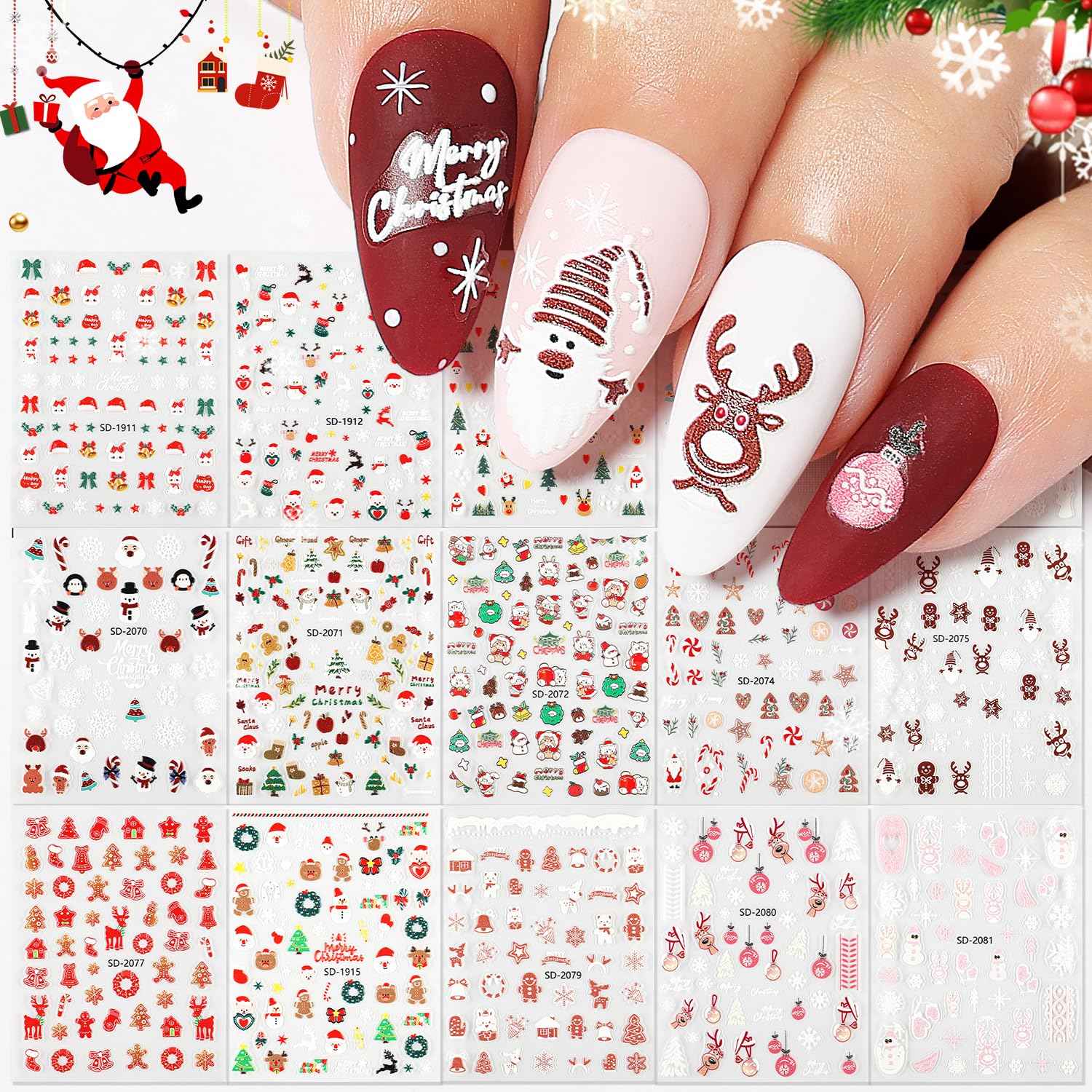 Nicedeco 15 Sheets Christmas Nail Art Stickers Decals Self-Adhesive Nail Supplies Nail Art Design Decoration 005