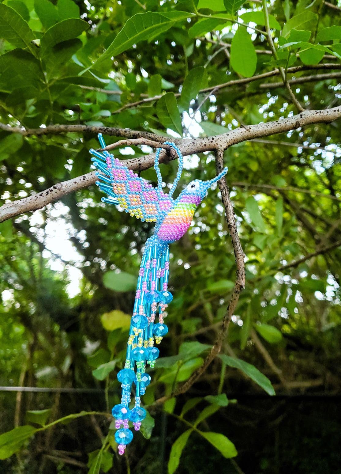 Hummingbird Hanging Figurine Ornament Czech Glass Seed Bead Fringe Tail Dangles - Handmade Gifts Spirit Animal Boho Accessories (Turquoise/Rainbow)