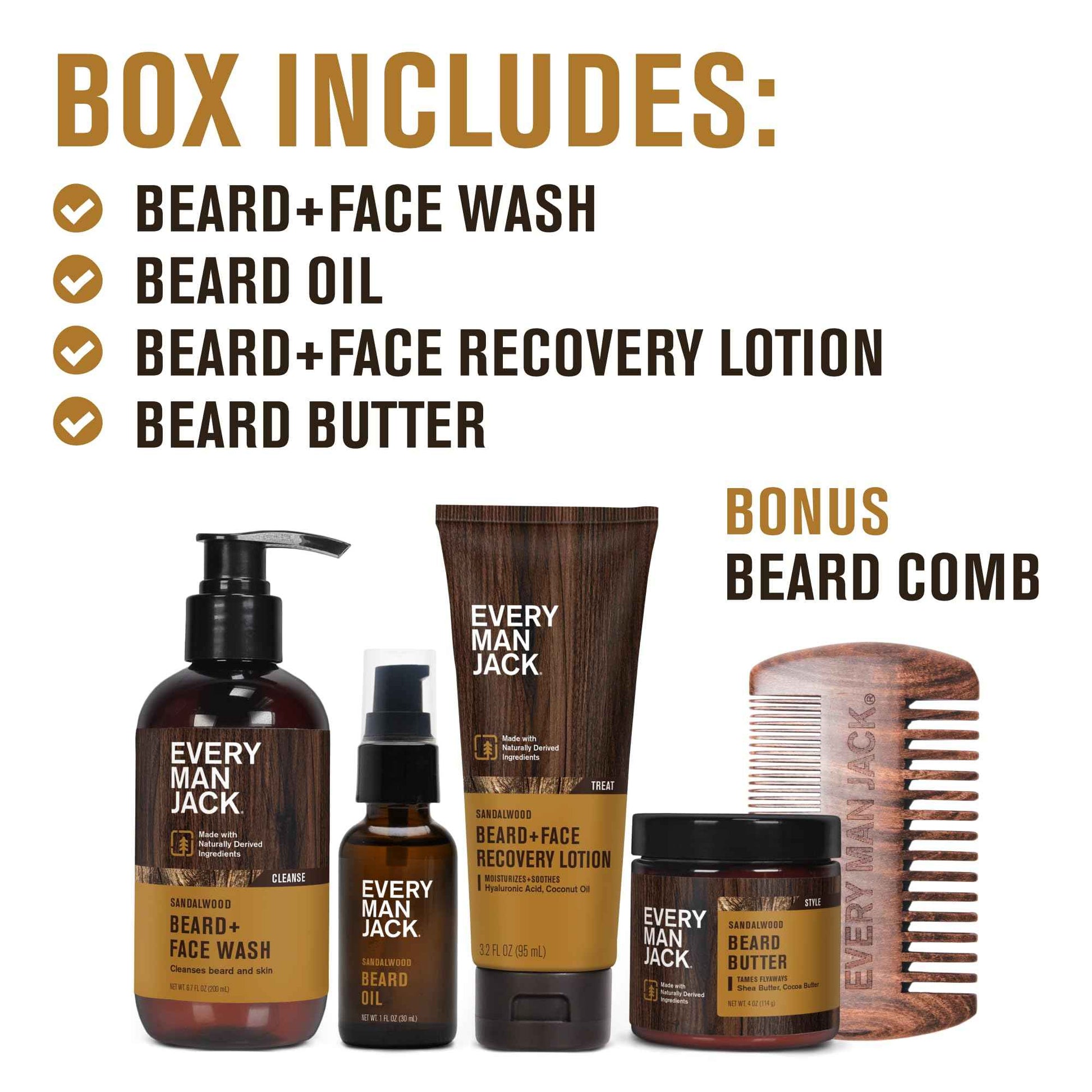 Every Man Jack Beard Essentials Gift Set for Men – Complete Routine with 5 Full-Size Products – Sandalwood Scent - Beard & Face Wash, Lotion, Oil, Butter & Comb