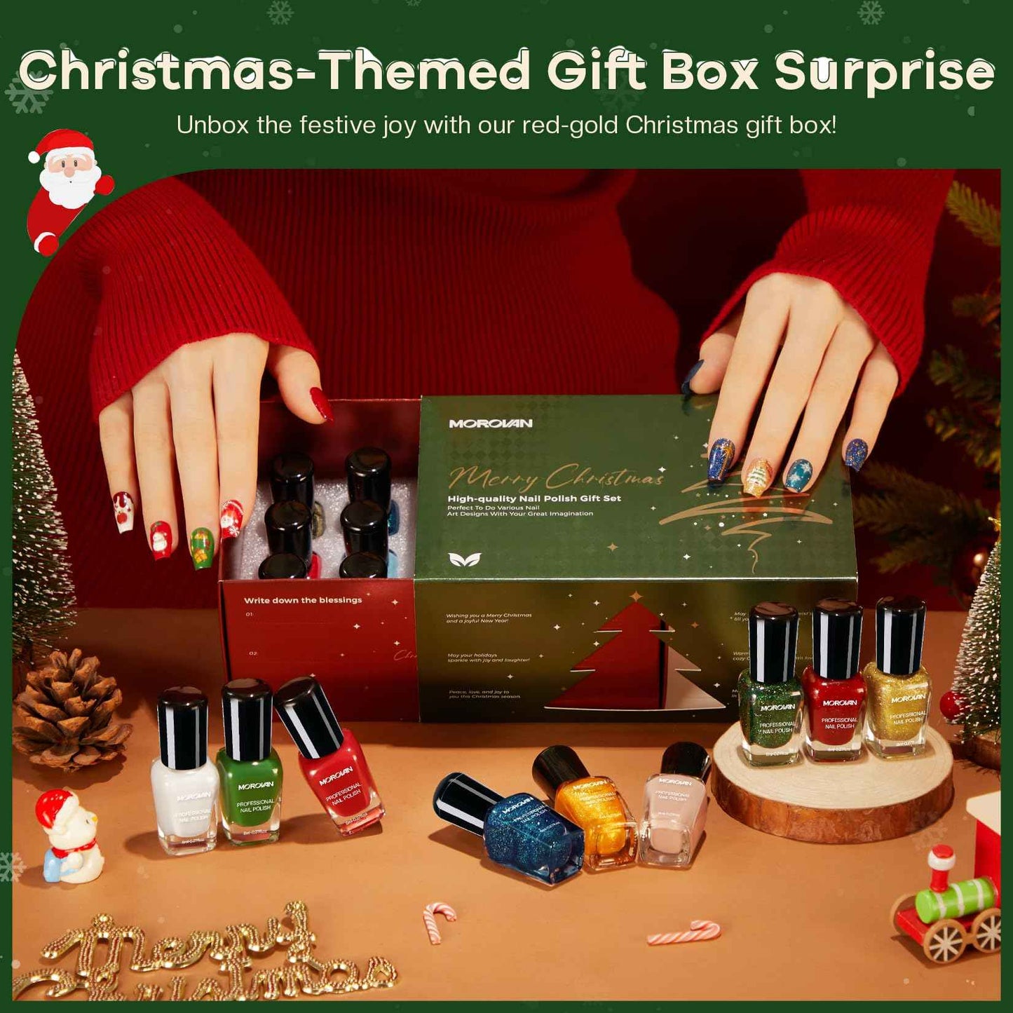 Morovan Christmas Nail Polish Set: 2025 Glitter Gifts Ideas Red Green Gold Silver Fingernail Polish Kit Winter Quick Dry Regular Nail Polish Pack Manicure for Women Girls Holiday Party
