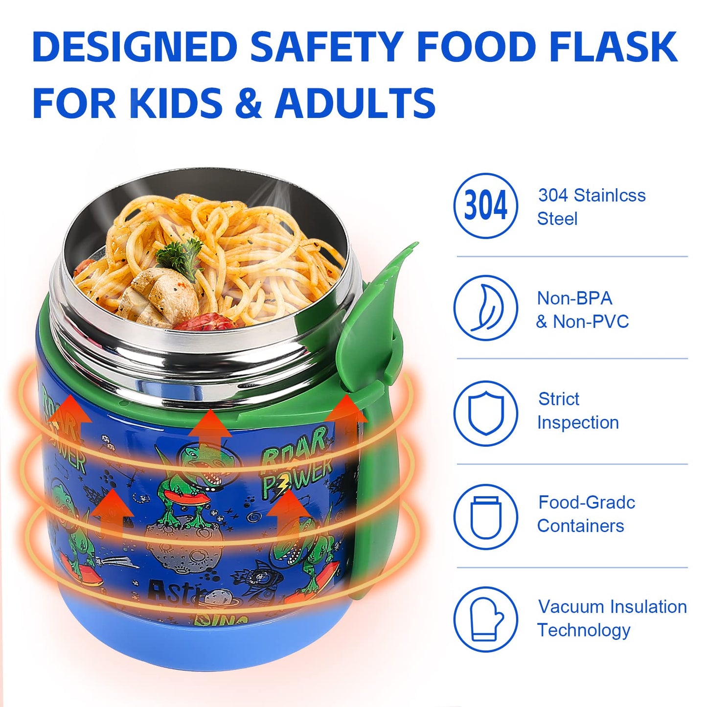 10oz Soup Thermo for Hot Food Kids Insulated Food Jar,Thermo Hot Food Lunch Container, Width Mouth Stainless Steel Lunch Box for Kids with Spoon (Blue-dinosaur)