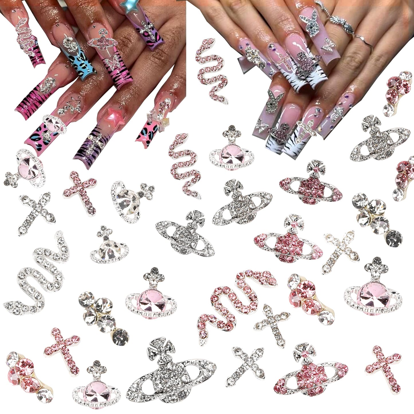 COOSLIM 30 Pcs Nail Charms Pink Y2k Chrome Nail Art Rhinestone Charms 3D Cross Snake Saturn Shape with Rhinestones Planet Nail Gems Shiny Jewelry Nail Decorations Accessories Supplies D