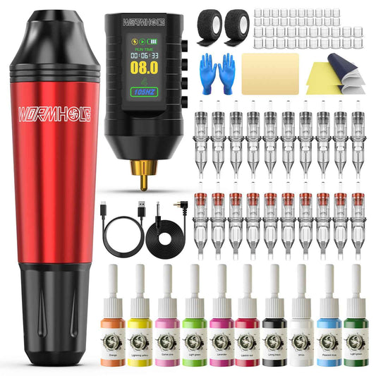 Wormhole Wireless Tattoo Practice Gun Kit with 1,800mAh Battery LED Digital Display, 20PCS Tattoo Needles Wireless Tattoo Machine Kit Aluminum Alloy for Beginner and Tattooist WTK296