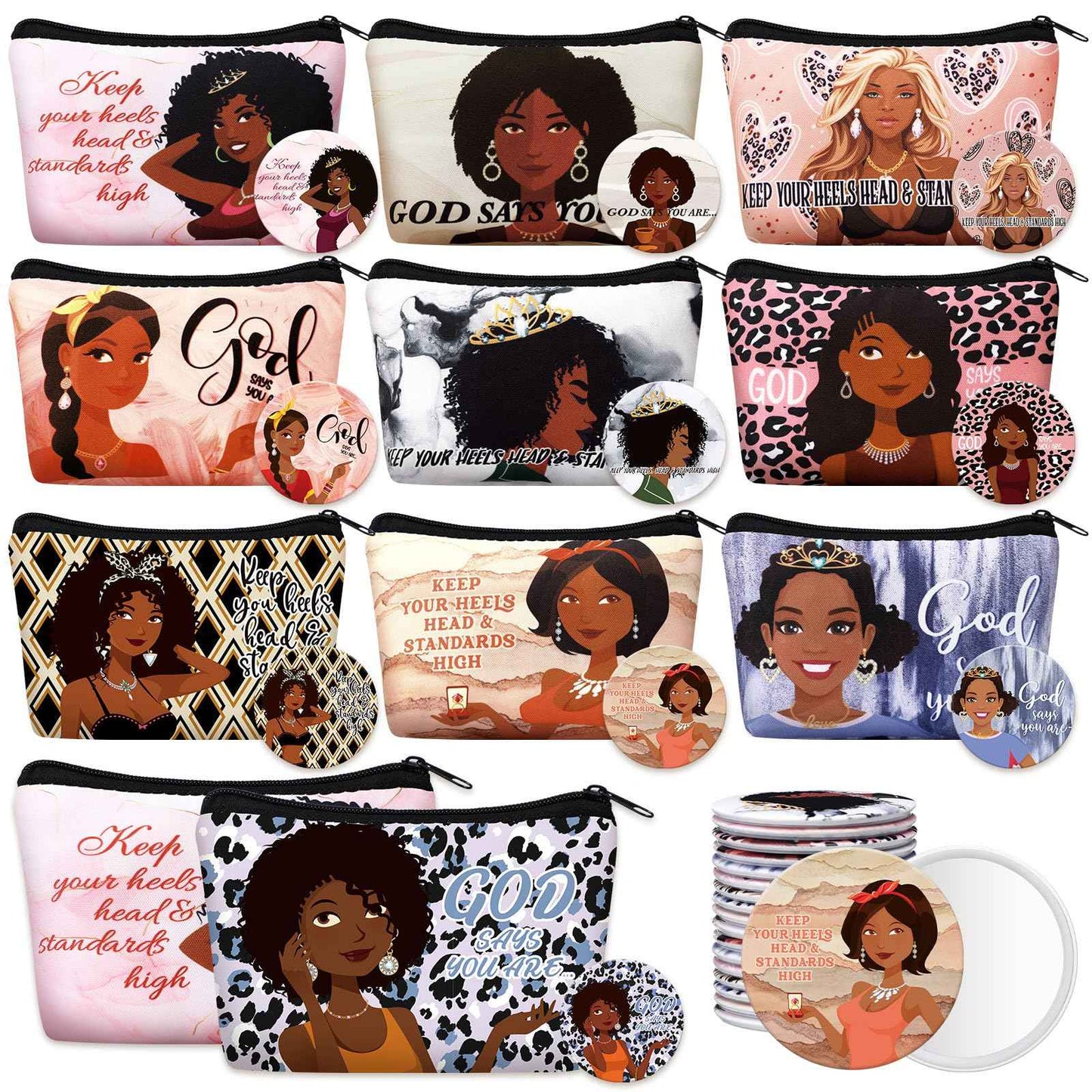 Kacctyen 20 Pcs Inspirational Gifts 10 Black African Women Makeup Bag 10 Mirrors Canvas Zipper Cosmetic Bags Travel Toiletry Pouch Bulk for Church Women Afro Housekeepers Teacher Coworker Employee