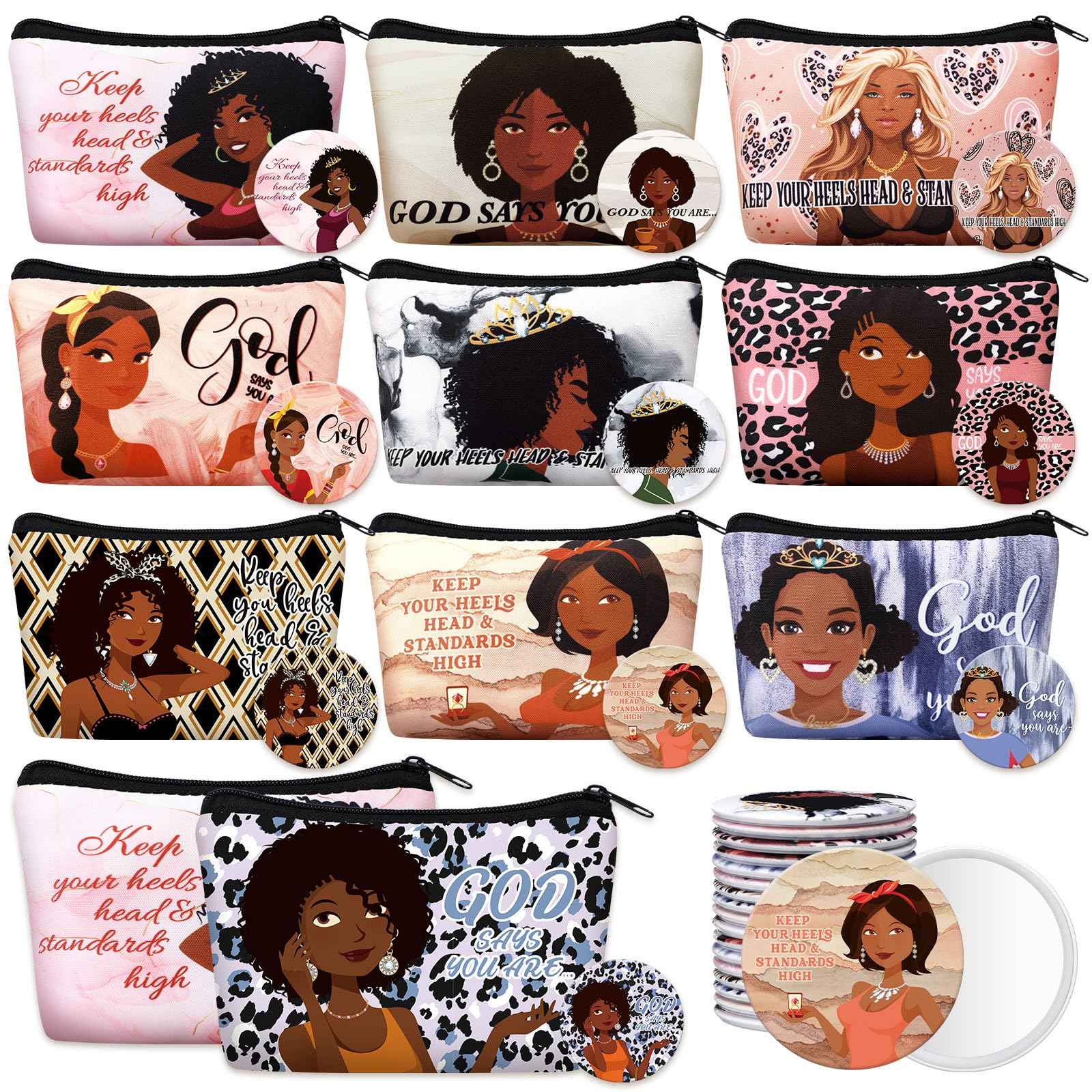 Kacctyen 20 Pcs Inspirational Gifts 10 Black African Women Makeup Bag 10 Mirrors Canvas Zipper Cosmetic Bags Travel Toiletry Pouch Bulk for Church Women Afro Housekeepers Teacher Coworker Employee