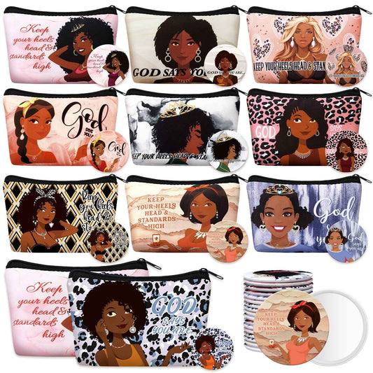 Kacctyen 20 Pcs Inspirational Gifts 10 Black African Women Makeup Bag 10 Mirrors Canvas Zipper Cosmetic Bags Travel Toiletry Pouch Bulk for Church Women Afro Housekeepers Teacher Coworker Employee