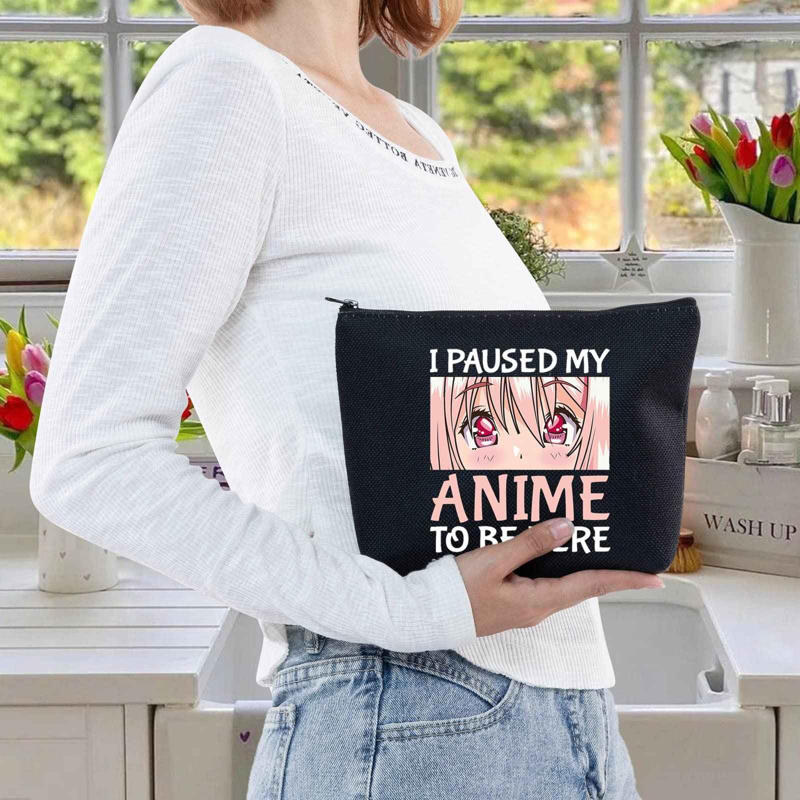 LEVLO Anime Girl Cosmetic Bag Amine Girl Inspired Gift I Paused My Anime To Be Here Makeup Zipper Pouch Bag Anime Cosplay Merchandise (My Anime Black)