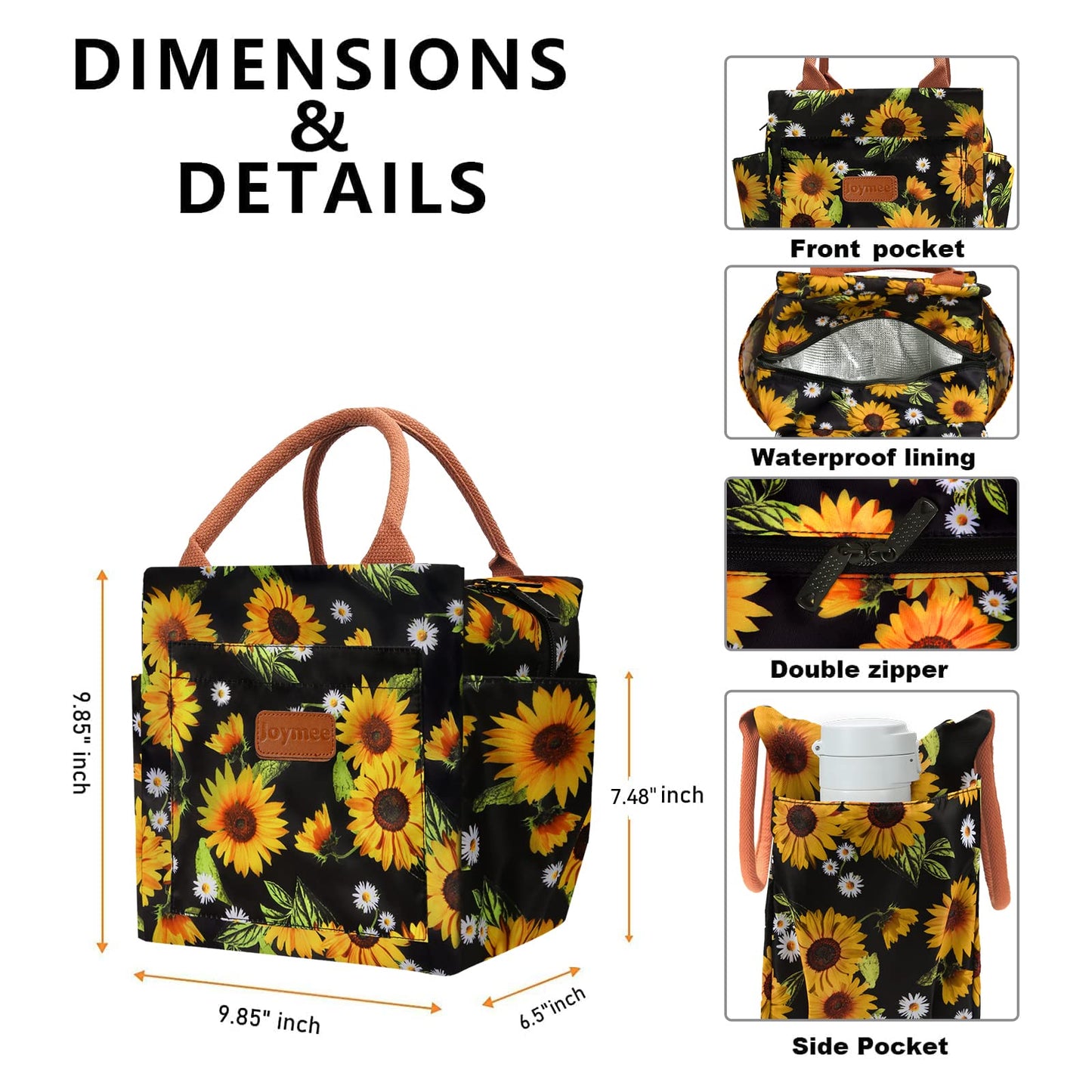 Joymee Lunch Bag Women Insulated Lunch Box Reusable Leakproof Large Spacious Cooler Tote for Womens Mens Adults with Bottle Holder and Side Pockets for Work Office Travel Picnic - Sunflower