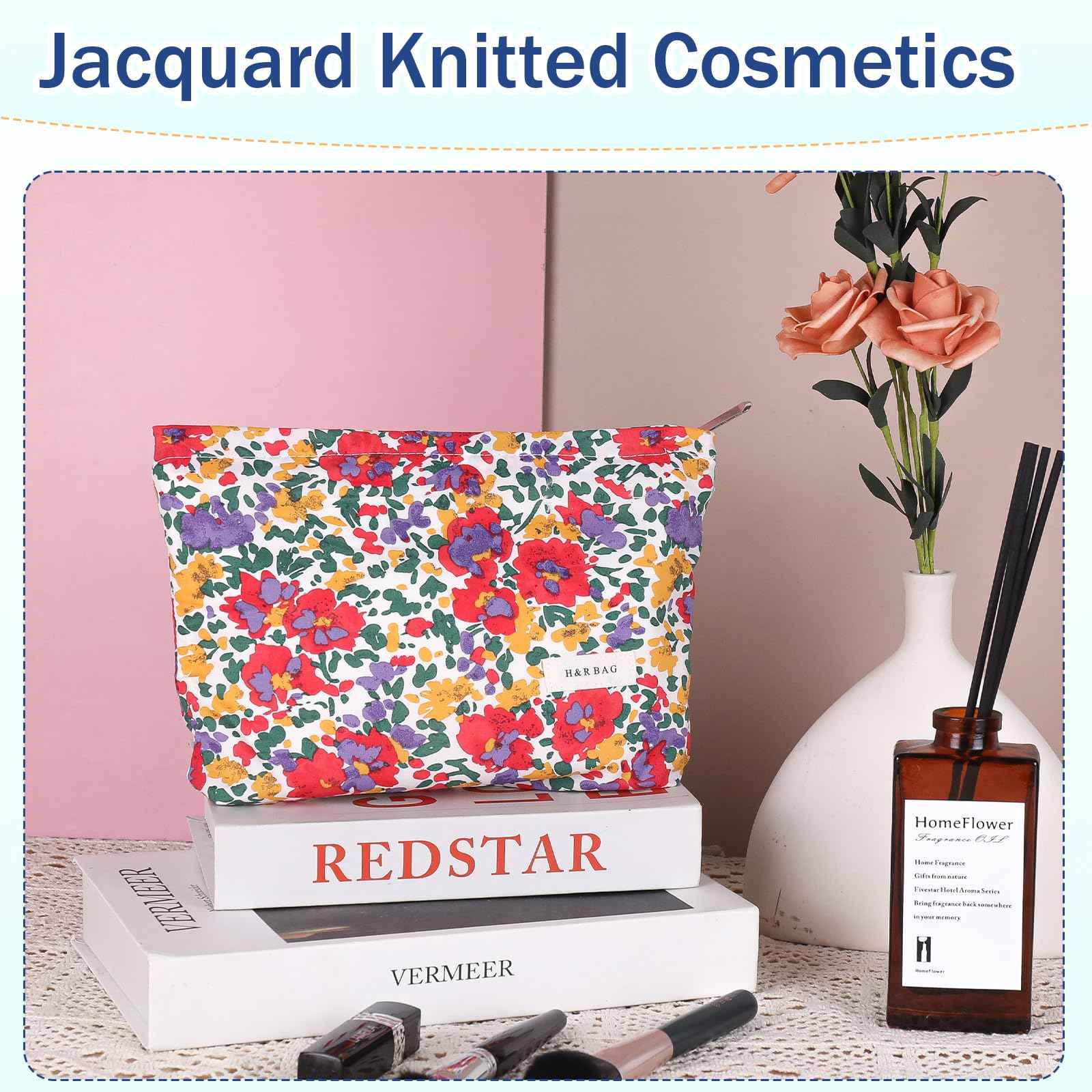 lllyan Travel Makeup Bag Zipper Pouch Fashionable Print Design, Spacious Cosmetic Bag Can Also Purse Organizer Pouches（Red print）