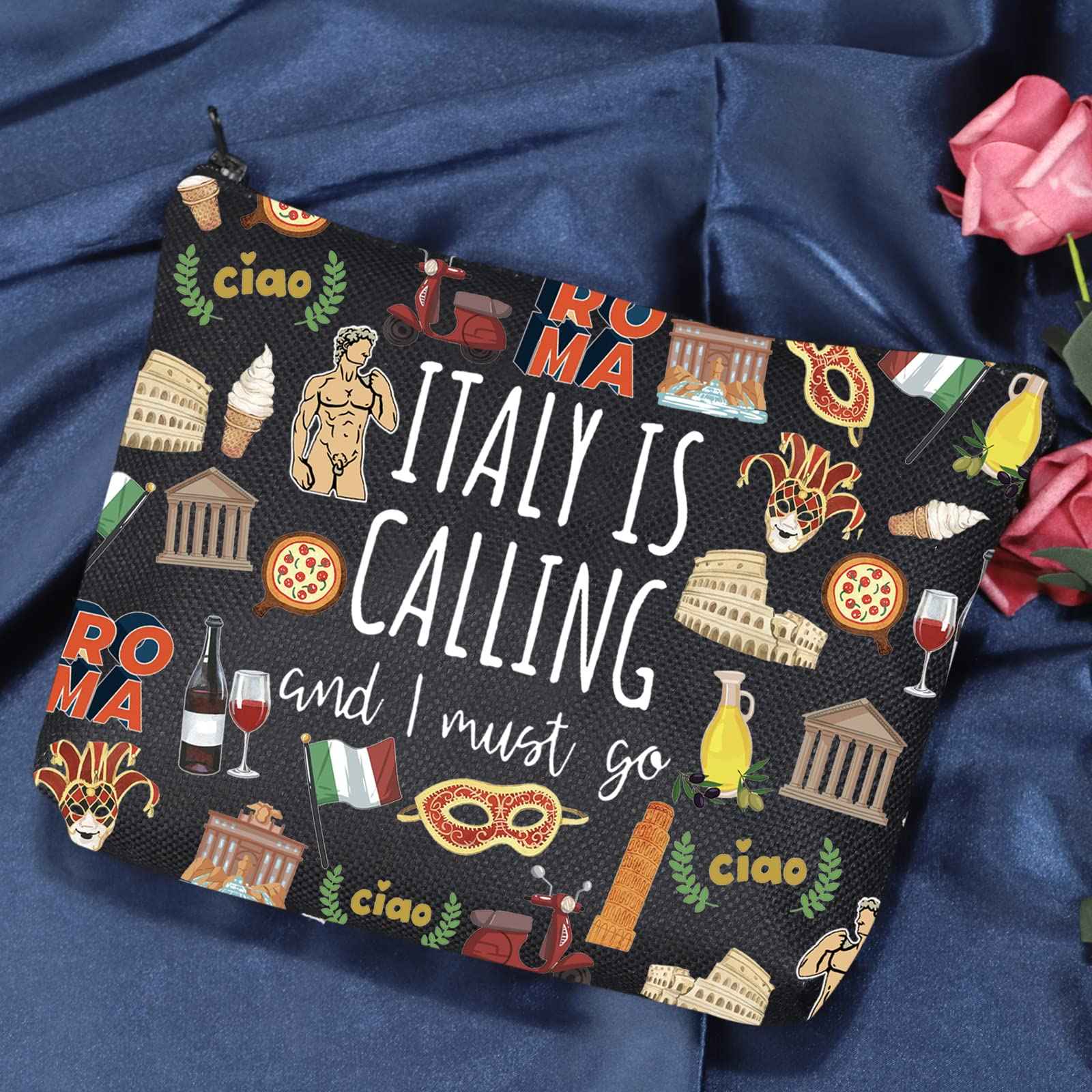 POFULL Italy Map iconic traditional Souvenir Gift ITALY Is Calling and I Must Go Traveller Zipper Pouch Makeup Bag (ITALY Is Calling Cosmetic Bag)