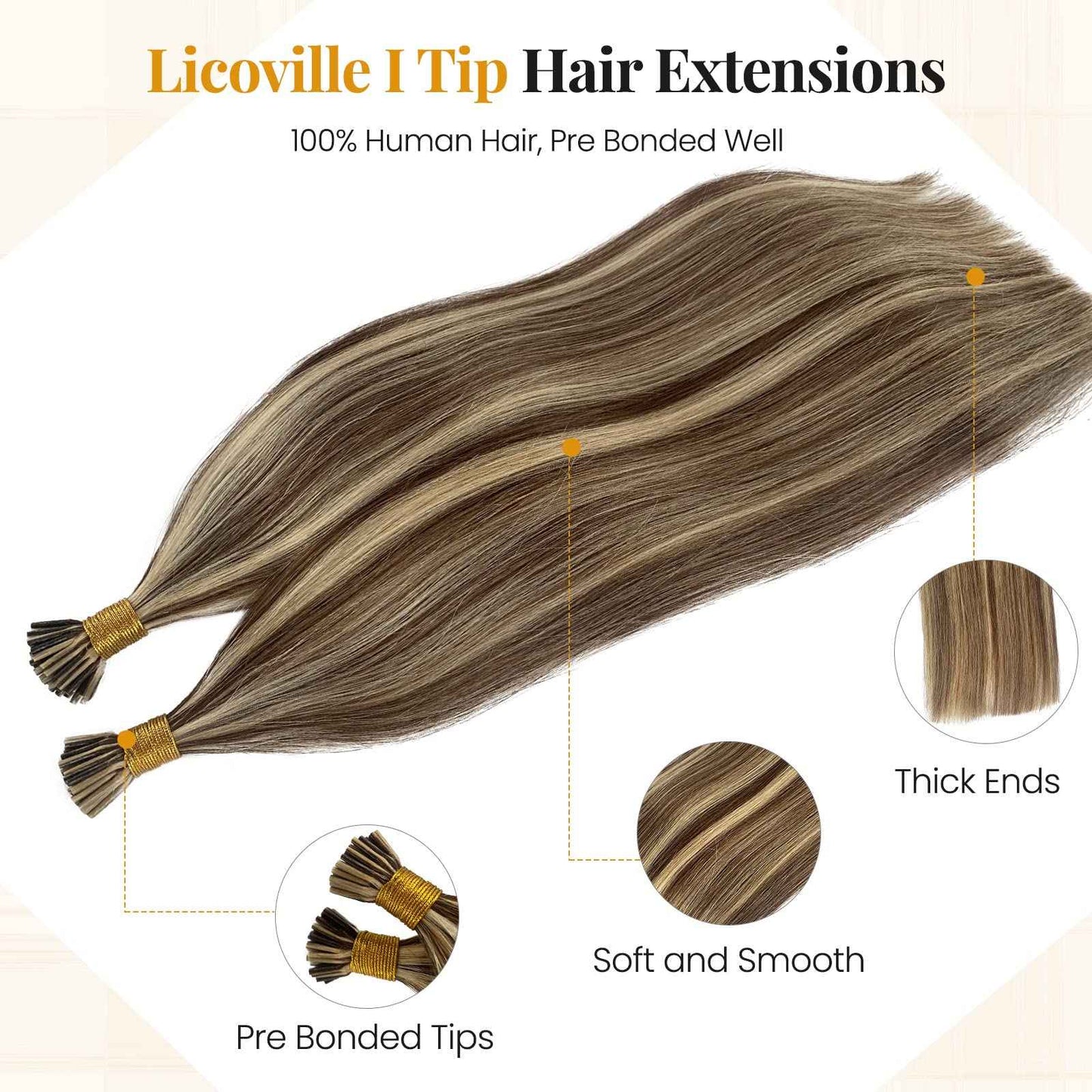 Blonde Highlights I Tip Hair Extensions 50s 50g Pre Bonded Keratin Fusion Itips Hair Extensions #4/613 Medium Brown Mixed Bleach Blonde I Tip Human Hair Extensions 22 Inch