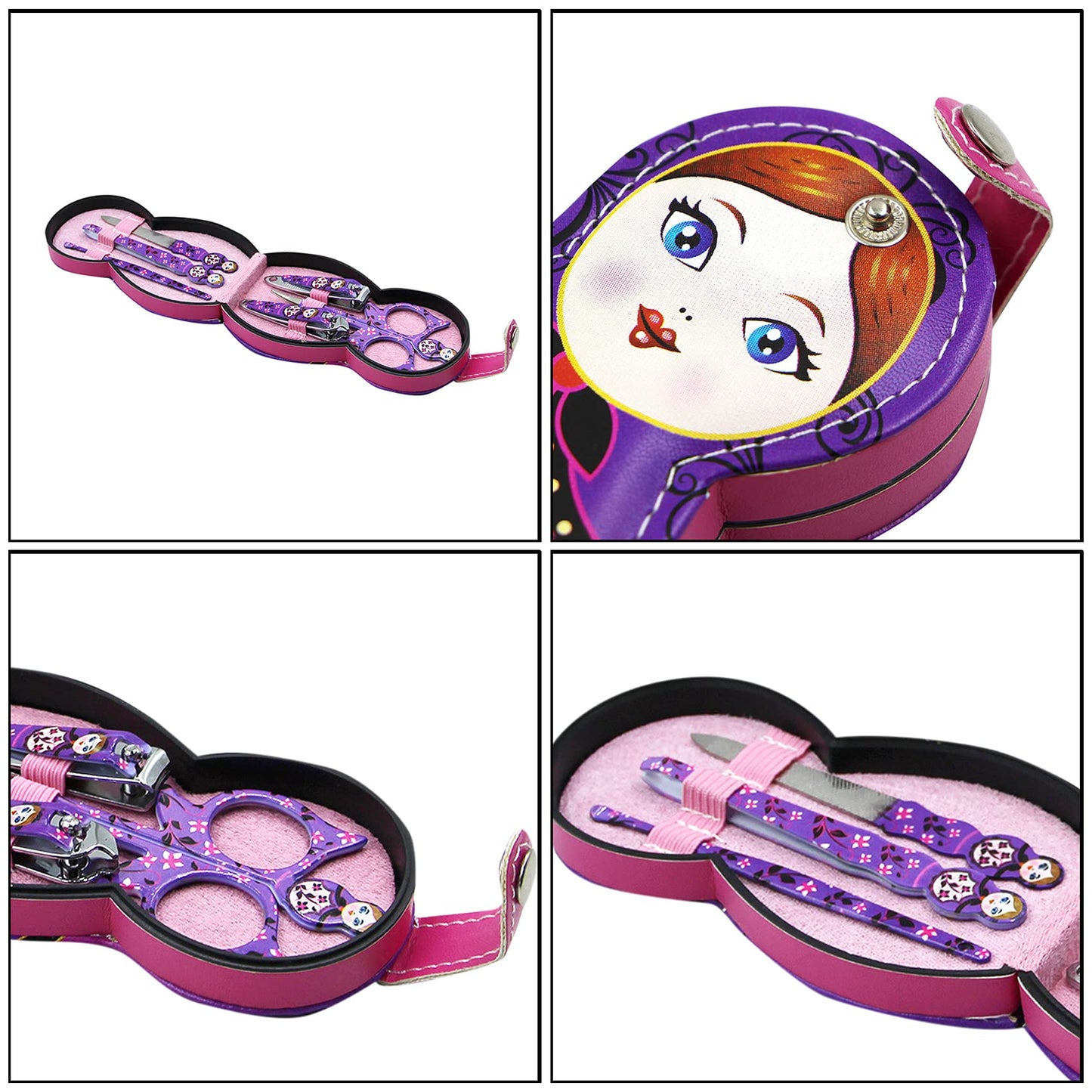 Aibearty Adorable Russian Doll Pattern Stainless Nail Clippers Set of 6Pcs, Professional Grooming Kit, Nail Tools with Luxurious Travel Case