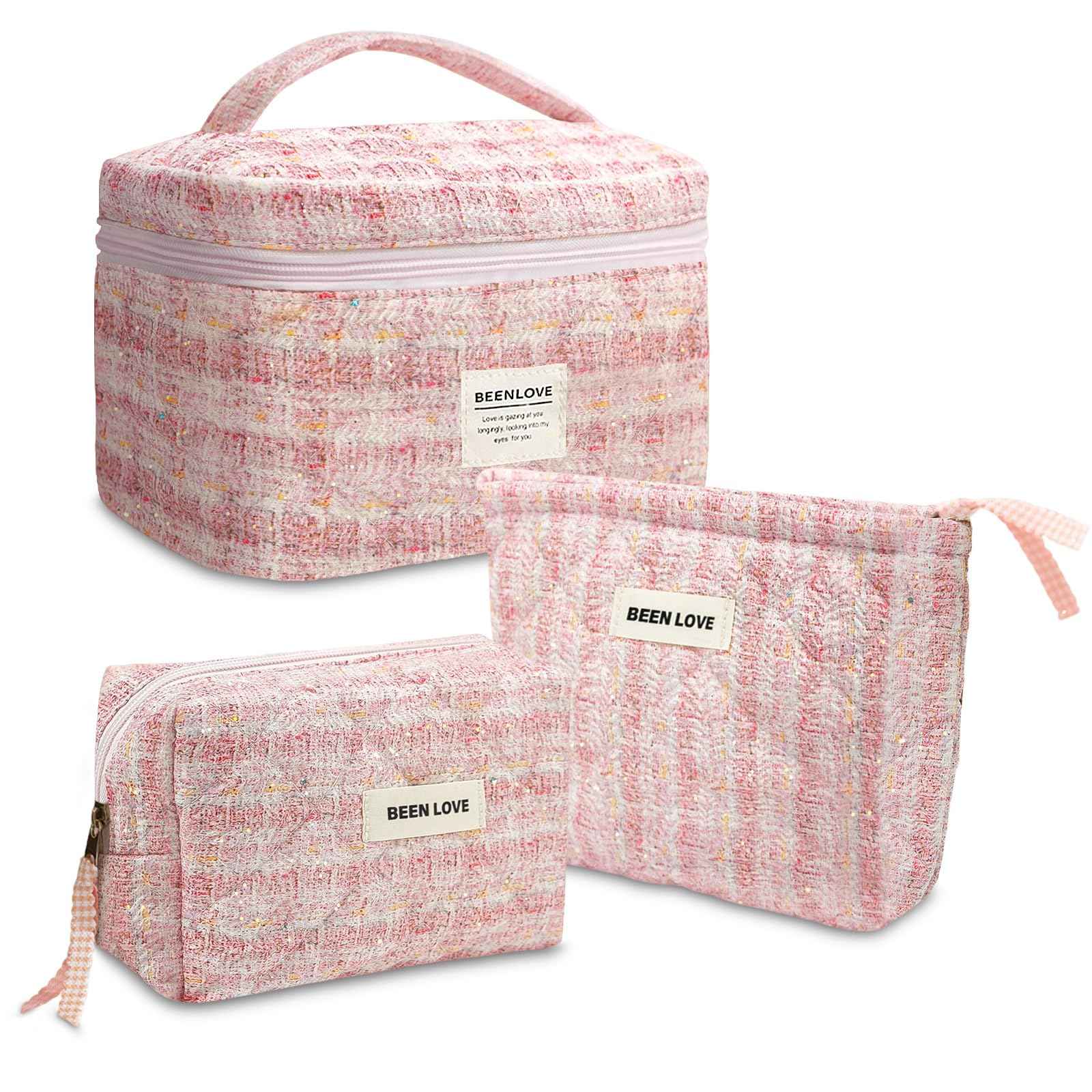 Makeup Bag Set 3 Piece Travel Toiletry Organizer-Portable Cosmetic Bag Set for Women Girls, Stylish Large Medium Small Makeup Pouches - Lightweight Beauty Storage Bags Gift for Teen, Daughter (Pink)
