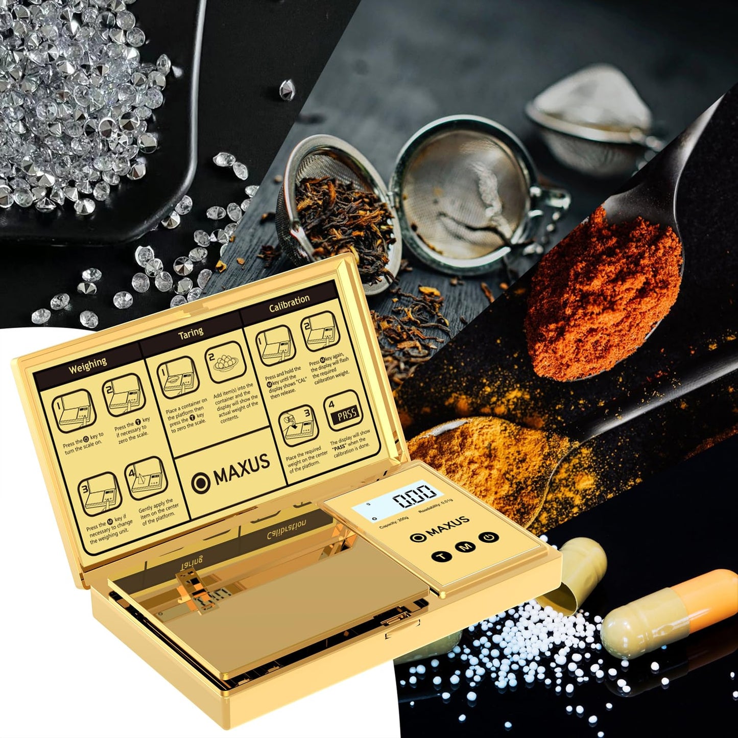 MAXUS Digital Gram Scale with 200g x 0.01g Capacity, Stylish Gold Plated Cover and Platform for Accurate and Precise Weighing of Jewelry, Grains, and Food in Grams and Ounces