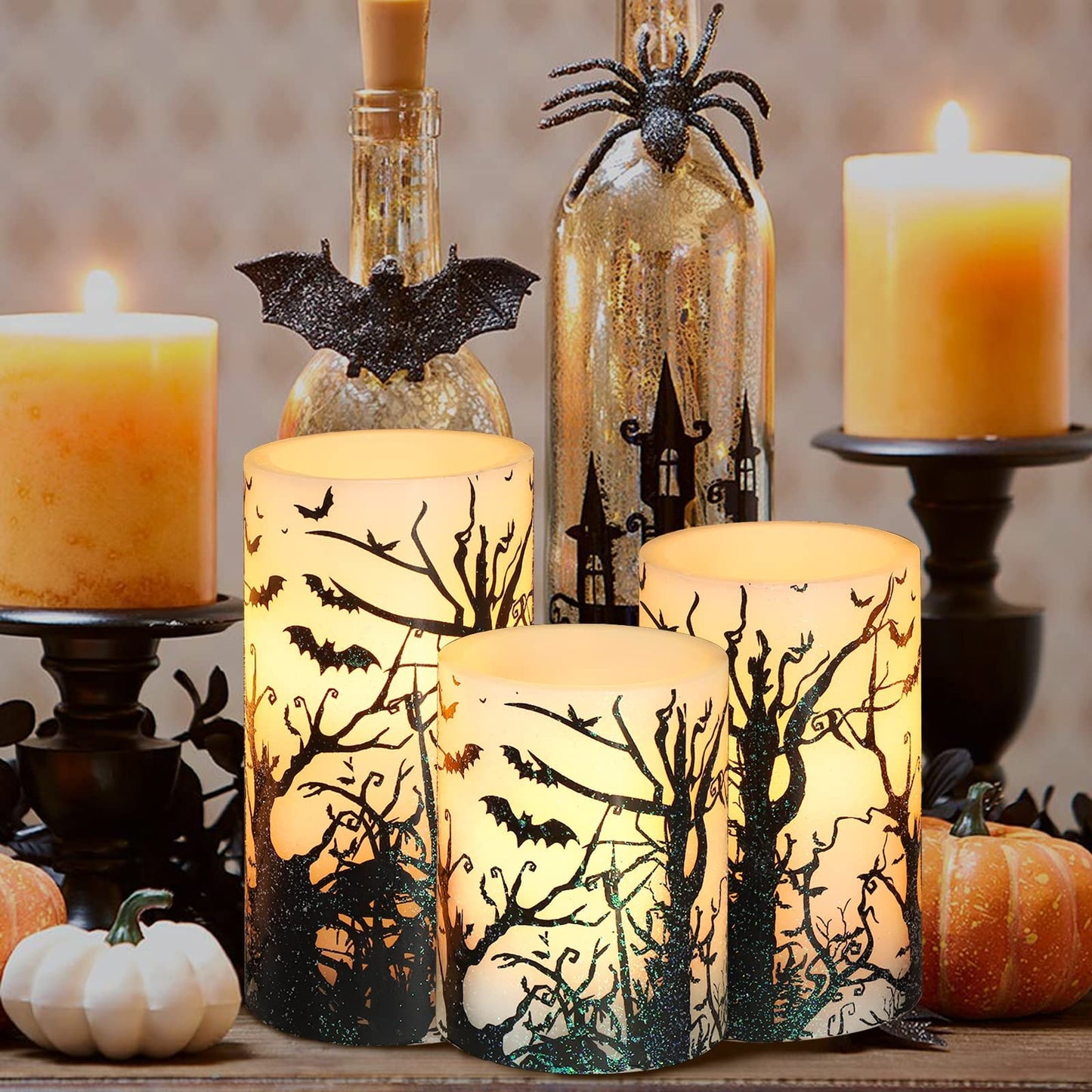 REVELBUNNY Halloween Flameless Candles Spooky Bats Decal LED Flickering Candles with Remote Timer, Battery Operated Real Wax Pillar Candle for Halloween Home Party Decoration, Set of 3