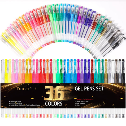 Taotree 36-Color Glitter Gel Pens for Adult Coloring - Neon Ink Drawing Set With 40% More Ink for Kids' Art Supplies, Doodling, Journaling and More