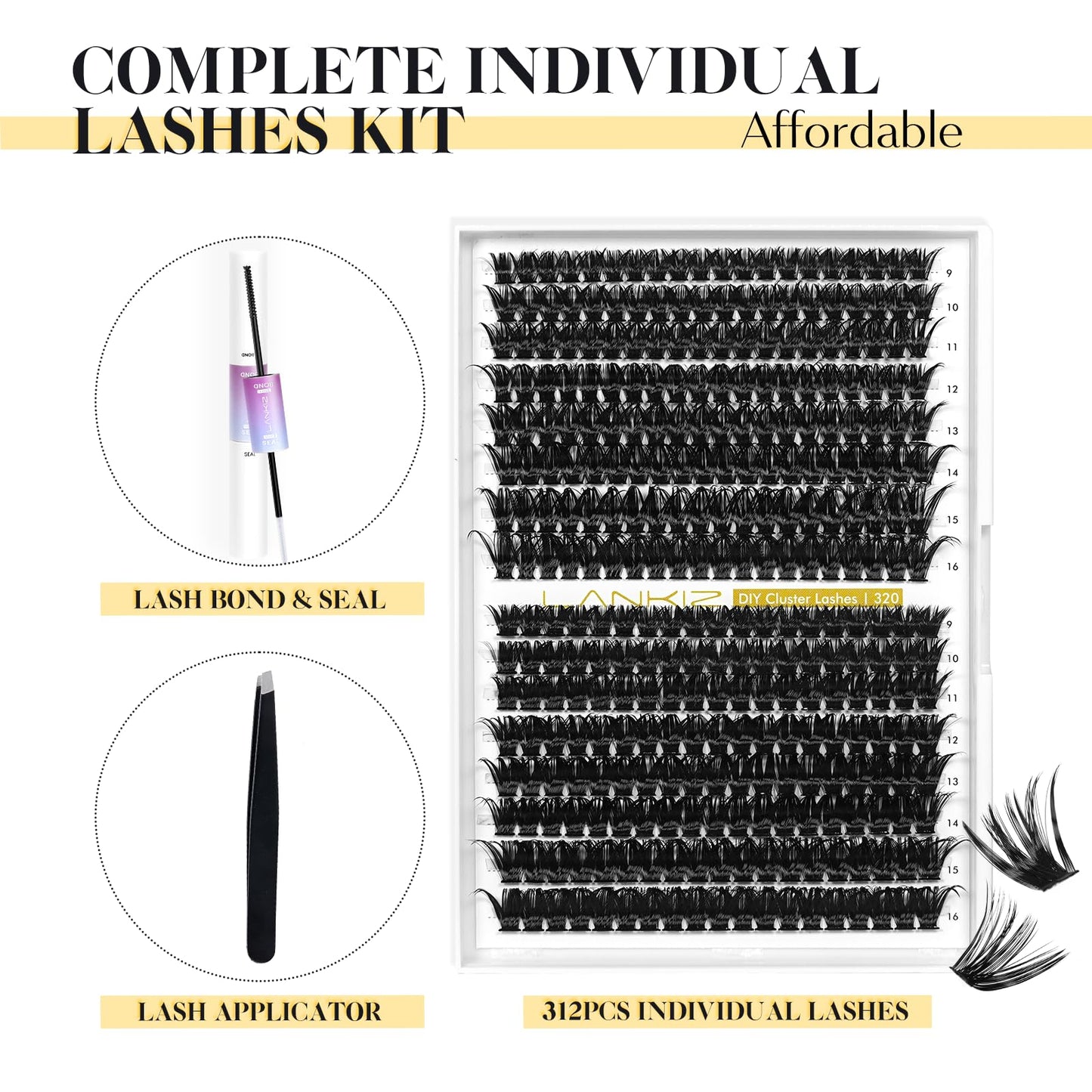 LANKIZ Lash Extension Kit, 60+80D Lash Clusters Kit, 312pcs Individual Lashes with Lash Bond & Seal, 9-16mm DIY Eyelash Extension Kit for Beginners, Wispy Lash Kit at Home