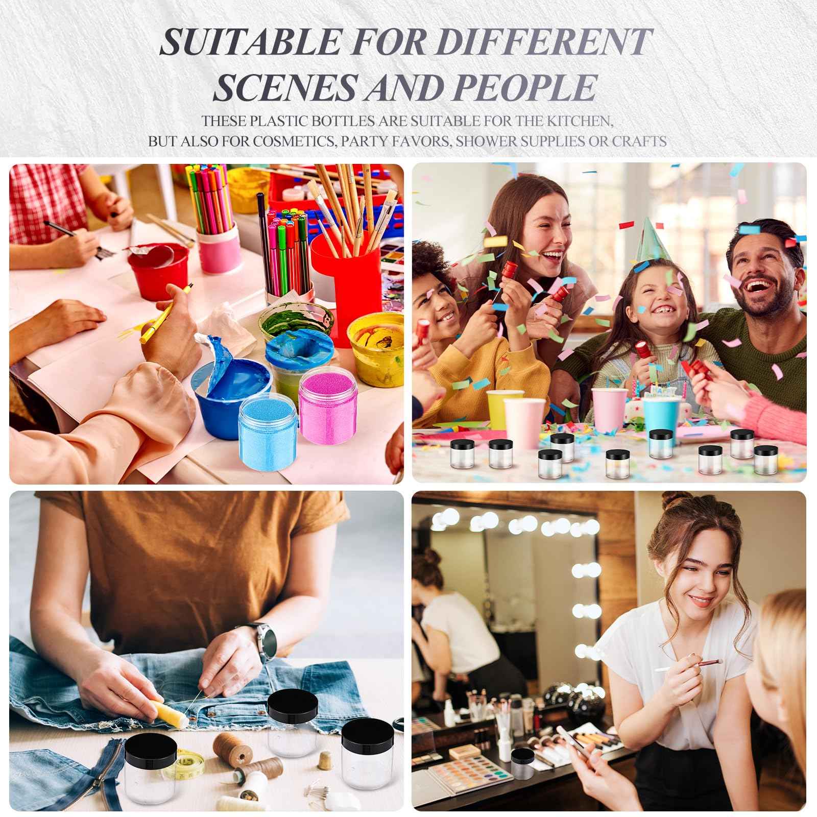 Patelai 60 Pcs Plastic Container Jars with Lids Round Clear Travel Cosmetic Container Jars for Toiletries, Lotion, Cream, Ointments, Makeup, Rhinestone, Samples, Kitchen Storage(Black,10 oz)