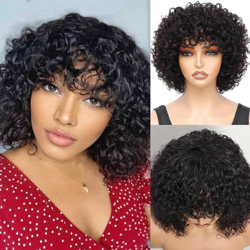 FREESHOW Short Curly Human Hair Wigs Curly Wig With Bangs Human Hair Glueless Curly Bob Wig Human Hair Short Wigs for Black Women 250% Density 10Inch Natural Black