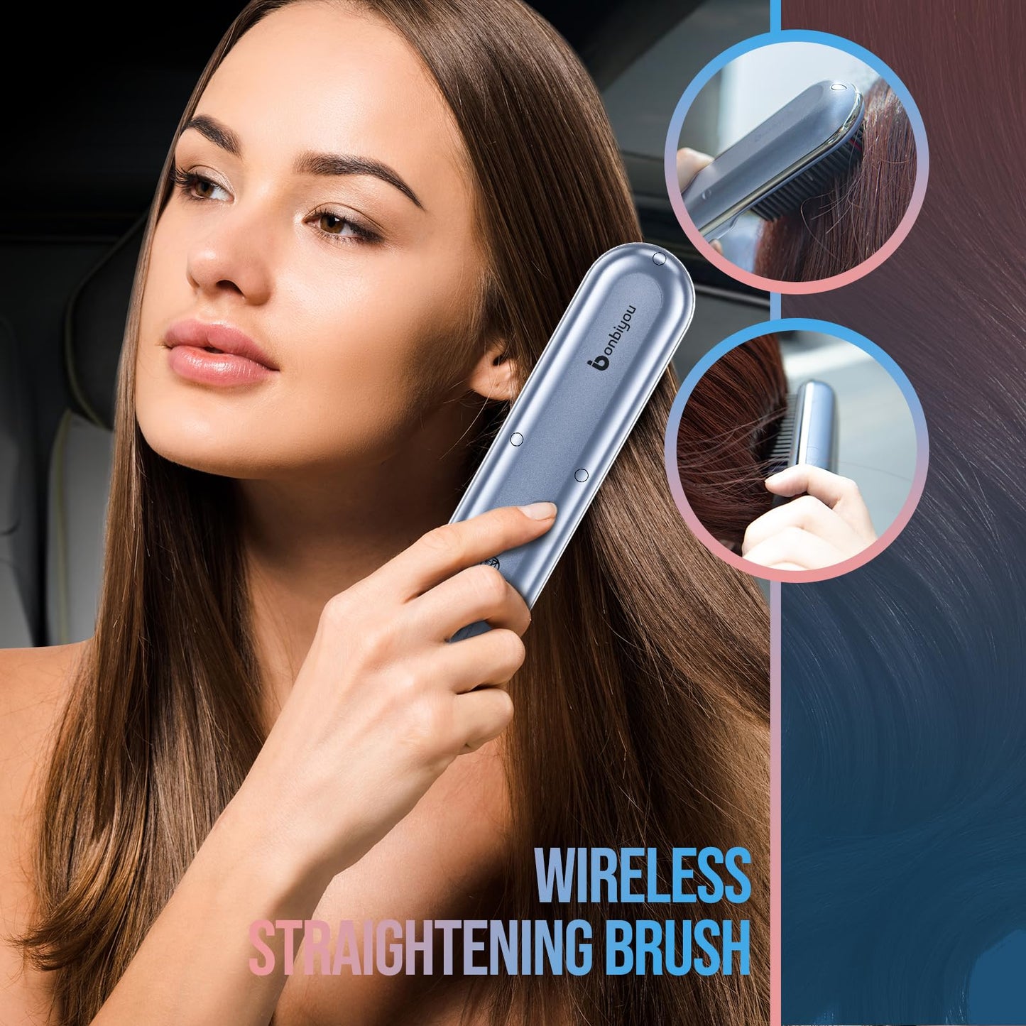 Bonbiyou Cordless Hair Straightener Brush-2024PRO Portable Rechargeable Straightening Brush for Travel/Home/Outdoor, Mini Ionic Hot Comb Straightener for Women, Lightweight On-The-Go Styling