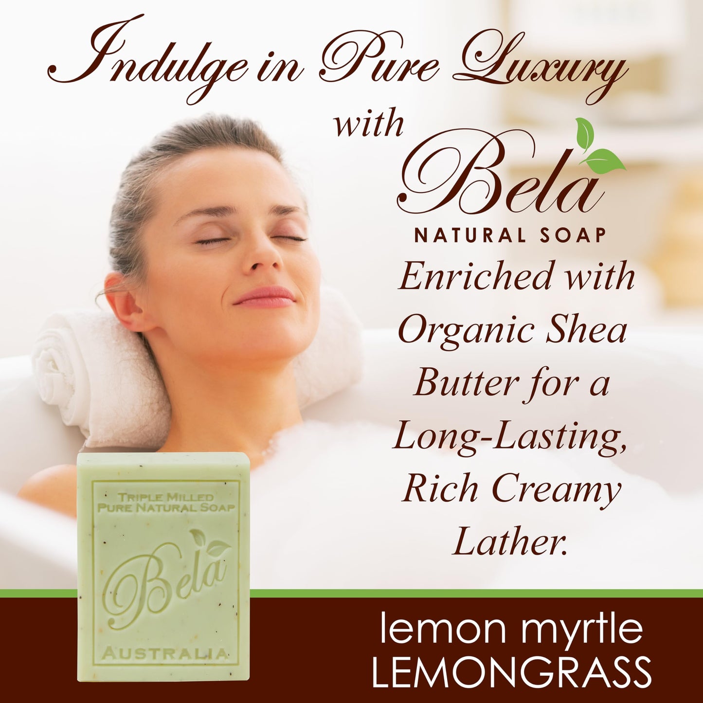 Bela, Lemon Myrtle with Lemongrass, Natural Ingredient Soap Bars, Triple-French Milled Moisturizing Natural Soap Bars Gift Sulfate-Free (93g) 3.3 oz each - 6 Pack