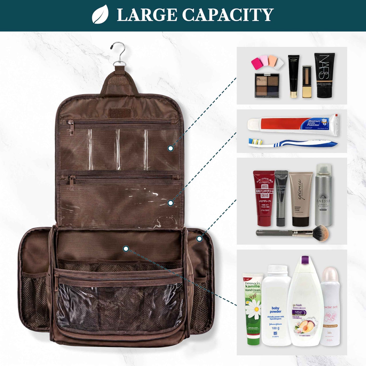 PAVILIA Large Hanging Toiletry Bag Travel Bag Women Men, PU Leather Cosmetic Organizer, Water Resistant Makeup Bag Accessories Toiletries, Travel Essentials Kit, Brown