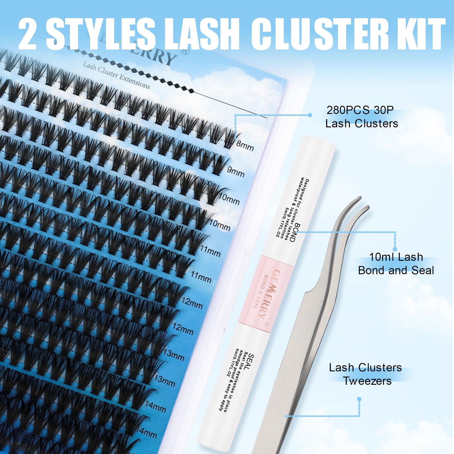 DIY Eyelash Extension Kit GEMERRY Lash Extension Kit Lash Clusters Kit with Lash Clusters 40P C 8-16mm Lash Bond and Seal and Lash Tweezers for Self Use at Home Cluster Eyelash Extension Kit