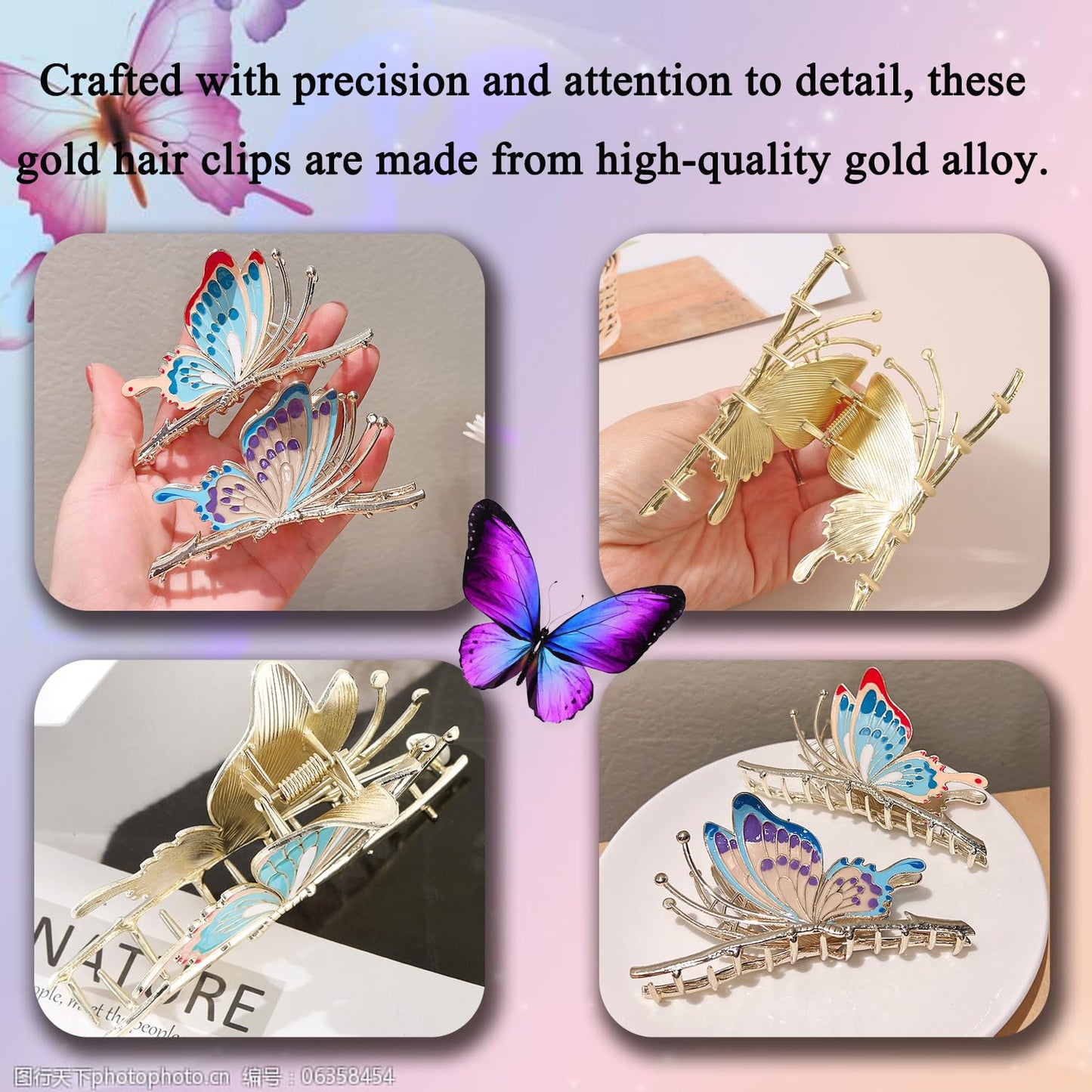 WODICO 2Pcs Gold Butterfly Hair Clips for Women - Made of Metal Perfect for Thin or Thick Hair, Include 2Pcs Metal Butterfly Claw Clips.