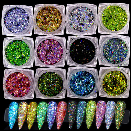 LuckForever 12 Colors Holographic Nail Glitter Sequins Acrylic Powder Laser Sparkle Resin Art Glitter for Crafts,Body, Makeup, Acrylic Nail Art