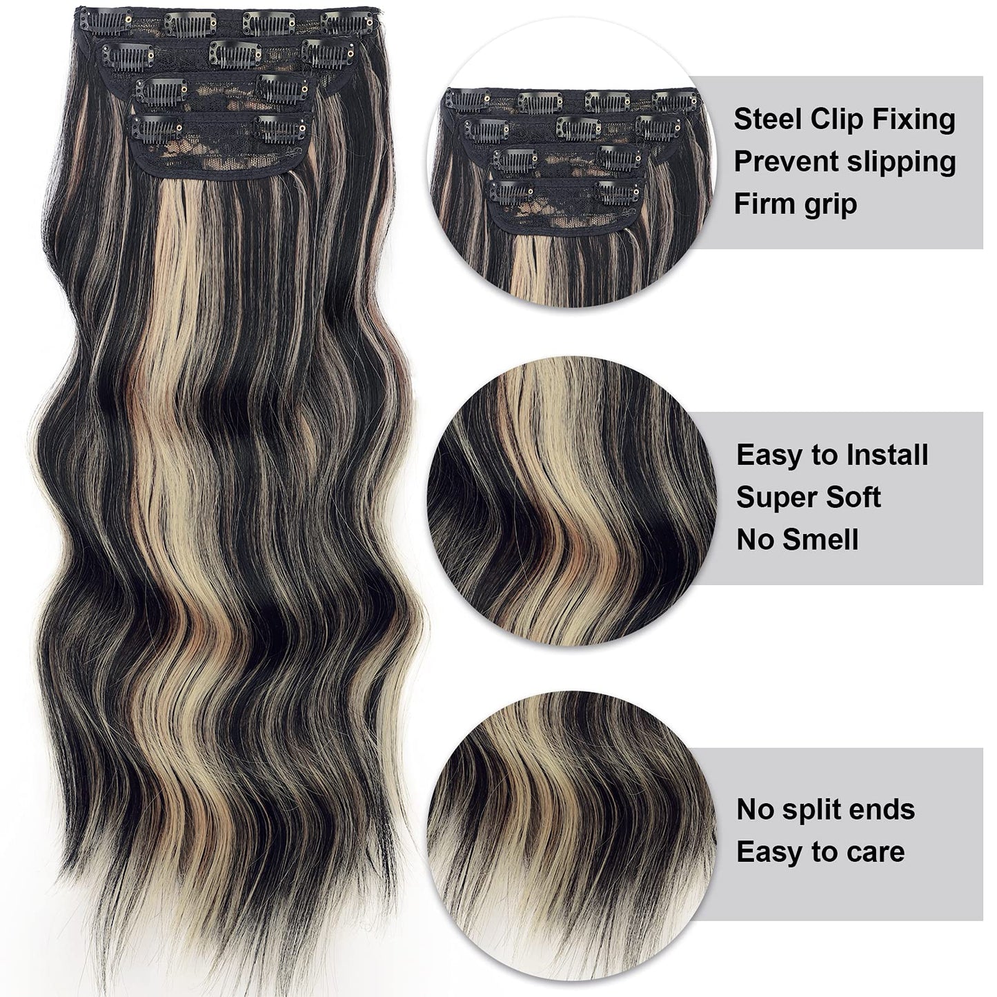 Vigorous Clip in Hair Extensions Black Mix Blonde Long Hair Extensions Clip Ins Soft Synthetic Hairpieces for Women