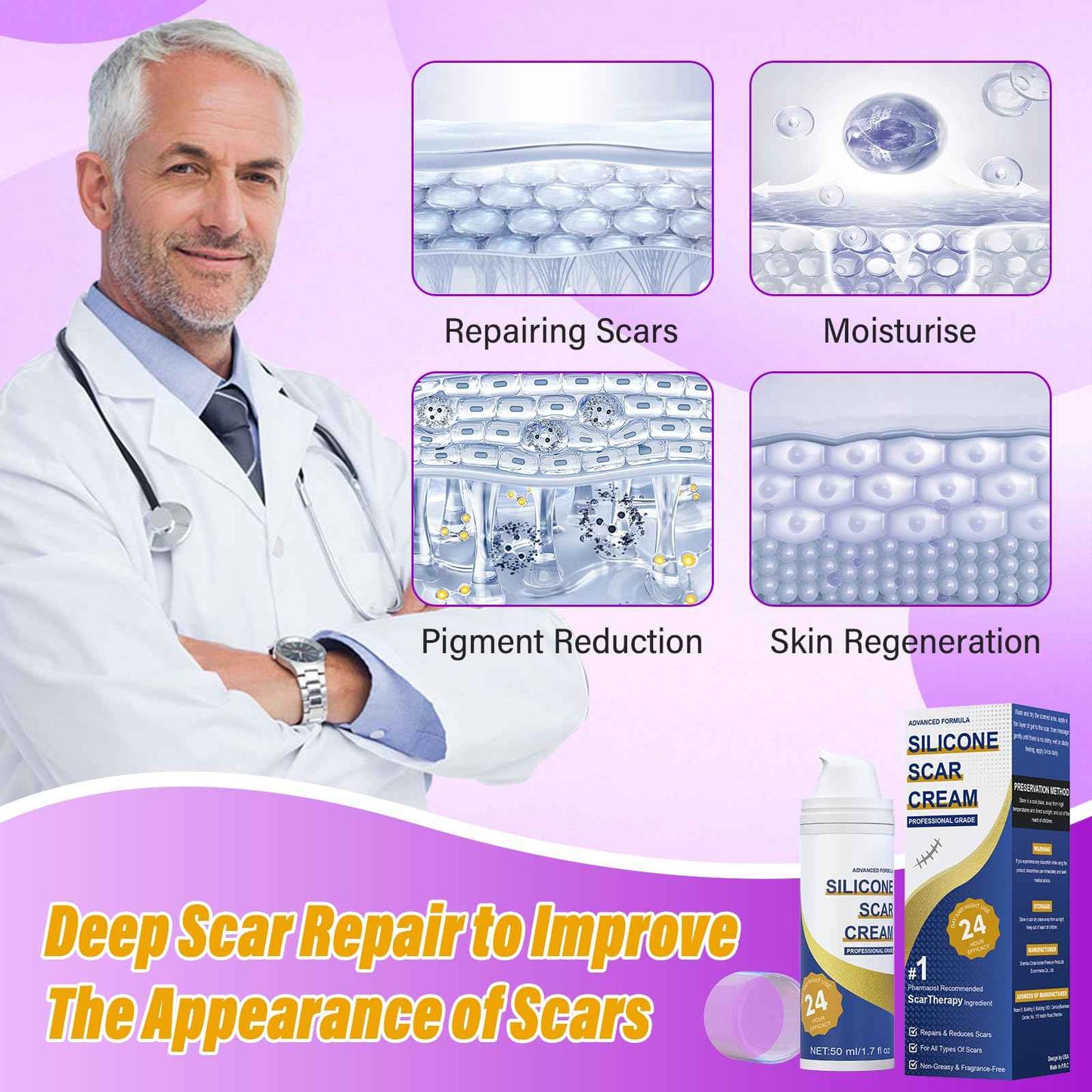 Scar Cream,Silicone Scar Gel,Advanced Scar Gel,Scar Removal Cream For Surgical Scars,Burn,Acne,Stretch Mark,Keloid Bump,C Section Scars 1.7 oz(50g)