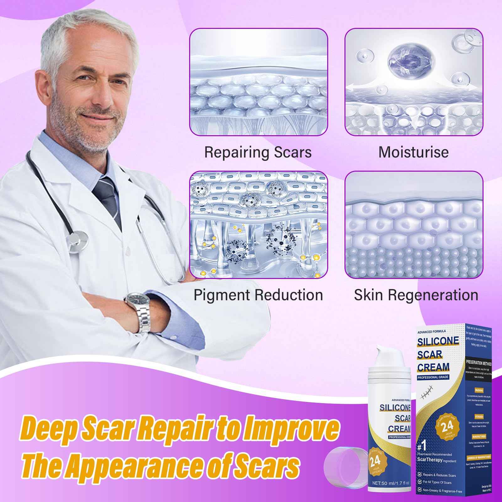 Scar Cream,Silicone Scar Gel,Advanced Scar Gel,Scar Removal Cream For Surgical Scars,Burn,Acne,Stretch Mark,Keloid Bump,C Section Scars 1.7 oz(50g)