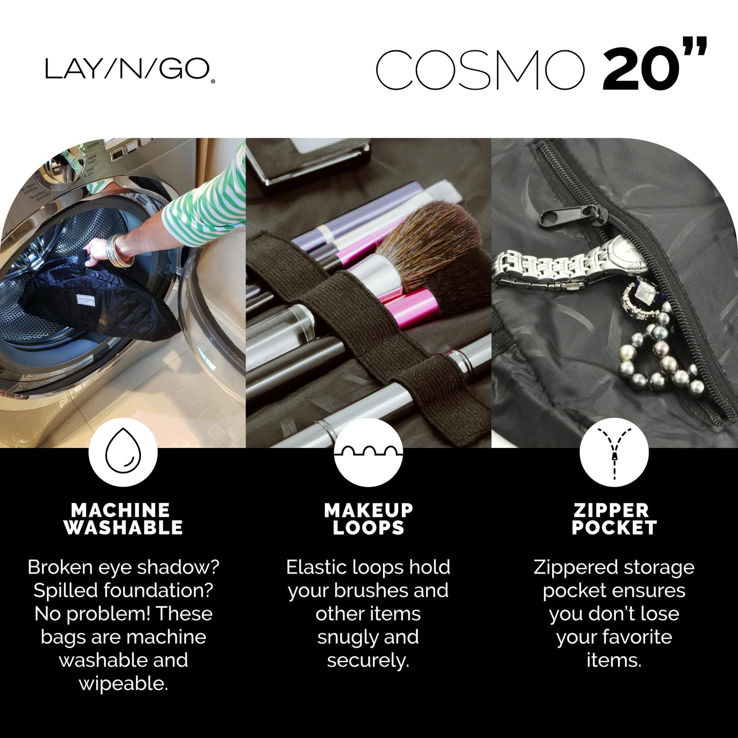 Lay-n-Go Cosmo Drawstring Cosmetic & Makeup Bag Organizer - Portable Drawstring Makeup Bag w/Zipper Pocket, Makeup Loops & More - Durable, Machine Washable Makeup Bag for Travel (20”, Comfort/White)