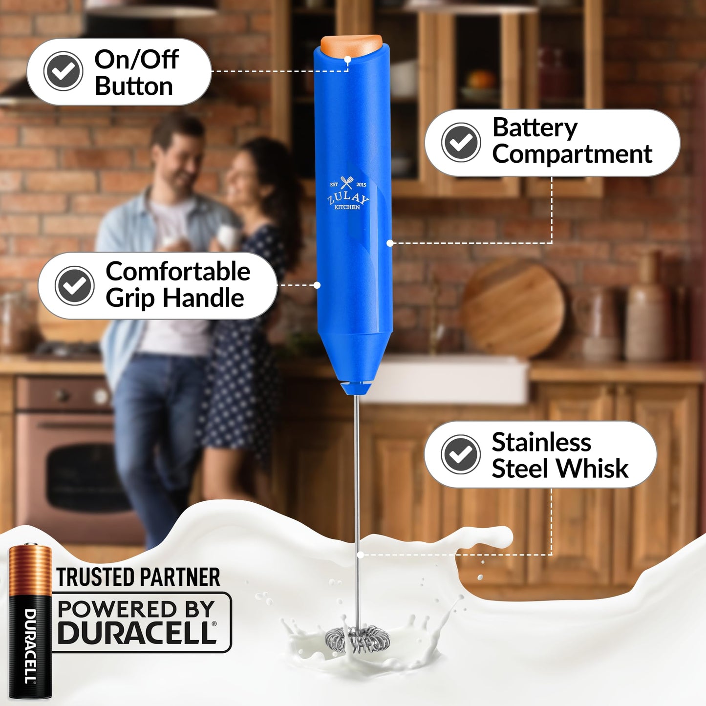 Zulay Kitchen Duracell Powered Milk Frother Handheld Foam Maker - Whisk Drink Mixer for Coffee, Latte, Matcha, Cappuccino - Mini Foamer by Milk Boss - Batteries Included - (Blue/Gold)