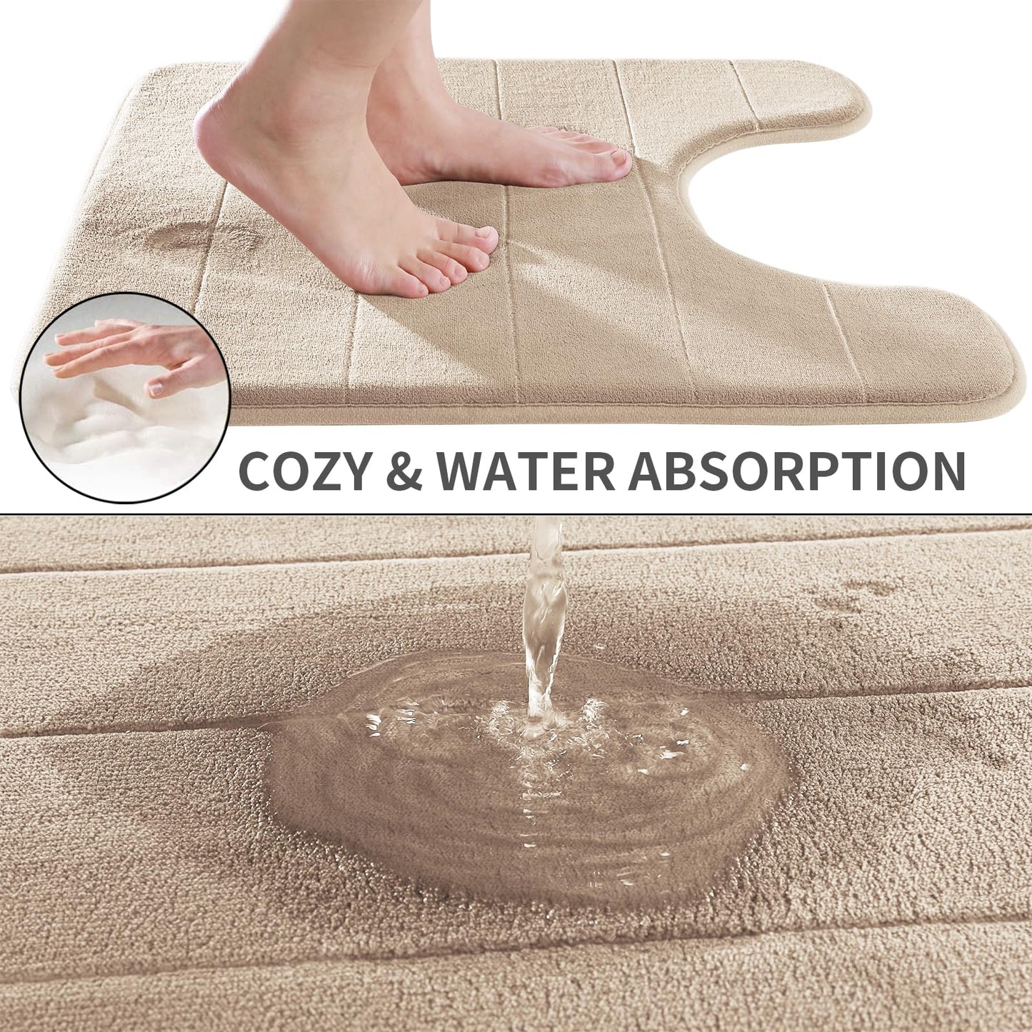 Yimobra Memory Foam Toilet Bath Mat U-Shaped, Soft and Comfortable, Super Water Absorption, Non-Slip, Thick, Machine Wash and Easier to Dry for Bathroom Commode Contour Rug, 24 X 20 Inches, Beige