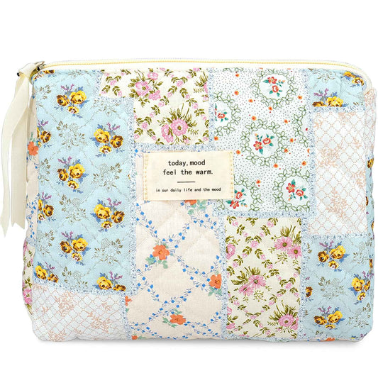 Sminra Makeup Bag Large Travel Quilted Cosmetic Makeup Bag Organizer, Floral Cotton Coquette Cute Aesthetic Toiletry Bag for Women Girls (Blue Floral Collage)