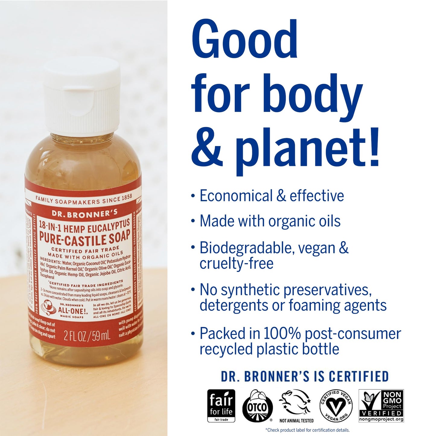 Dr. Bronner's - Pure-Castile Liquid Soap, Made with Organic Oils, 18-in-1 Uses: Face, Body, Hair, Laundry, Pets and Dishes, Concentrated, Vegan, Non-GMO (Eucalyptus, 2 ounce, 2-Pack)