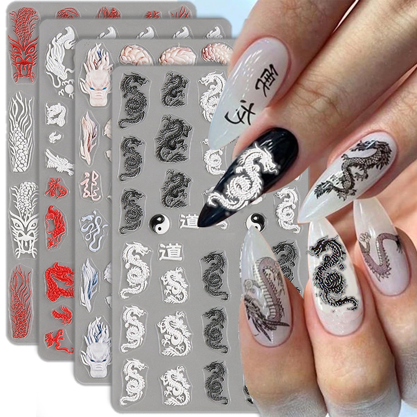 5D Embossed Dragon Nail Art Stickers for Nail Designs Black White Dragon Nail Stickers for Women Chinese Dragons Nail Decals for Nail Art Supplies Dragon Nail Sticker Manicure Stickers for Nails Decor