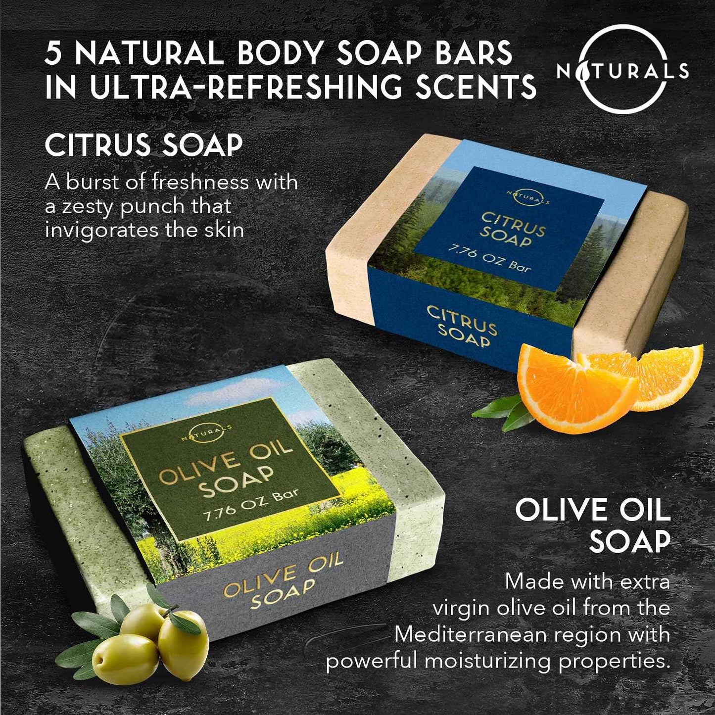 O Naturals 5PC Mens Soap Gift Sets, Gifts for Men, Organic Bar Soap for Men, Mens Gift Set Exfoliating Soap Cedarwood & Mint, Mens Bar Soap in Citrus, Olive Oil, African Black Soap, Soap Gifts For Men