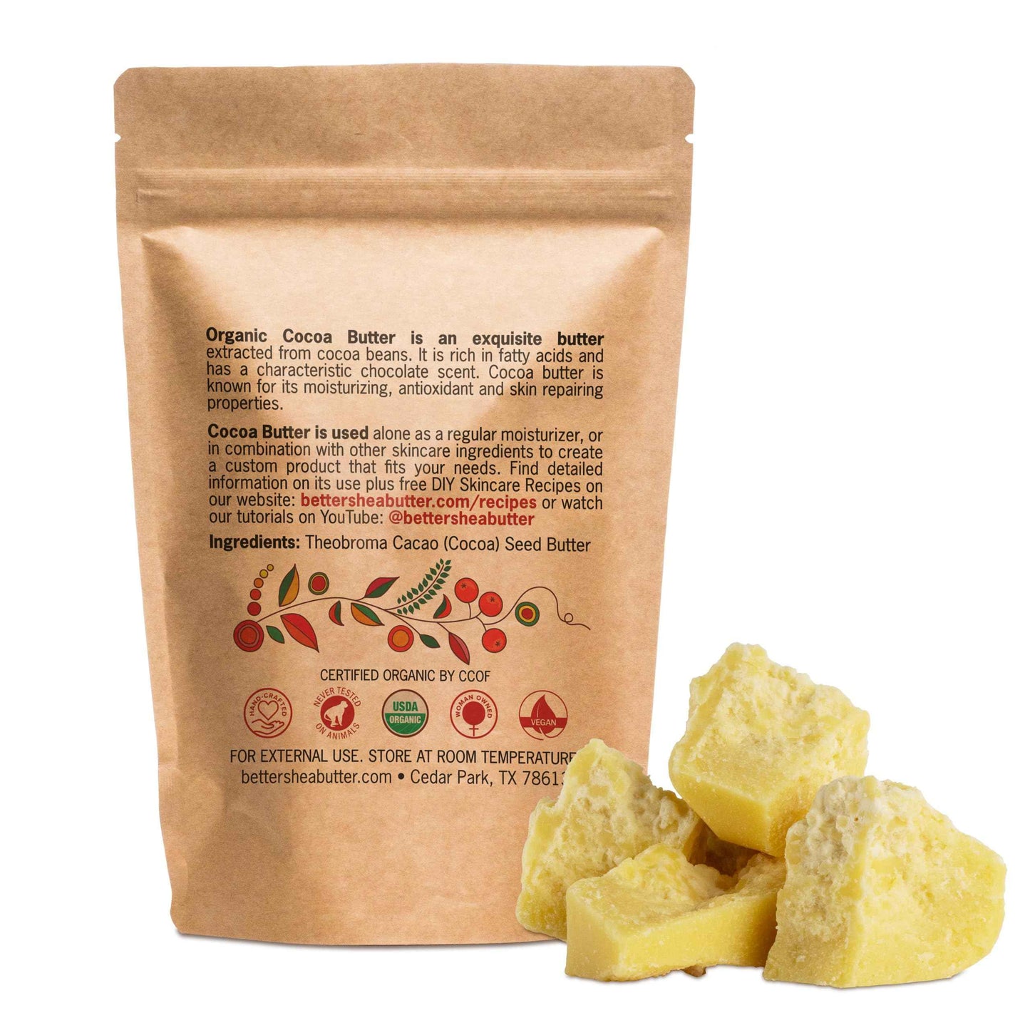 Organic Cocoa Butter Raw Unrefined - Food Grade USDA Certified - for Scars, Stretch Marks Cream - 100% Cocoa Butter Raw Organic for Skin Moisturizer, Lip Balm 8 oz