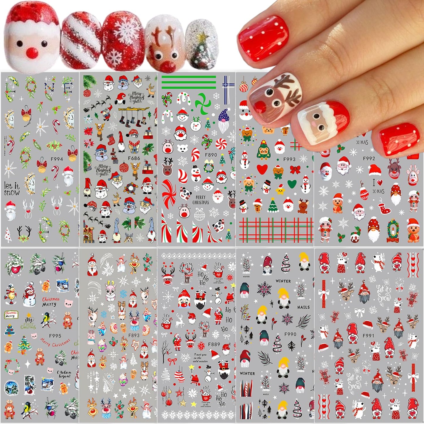 10 Sheets Christmas Nail Art Stickers Decals 3D Santa Claus Elk Nail Stickers Cute Cartoon Designs Stickers Winter Holiday Nail Decals for Women Girls Acrylic Nail Supplies Xmas Manicure Decoration