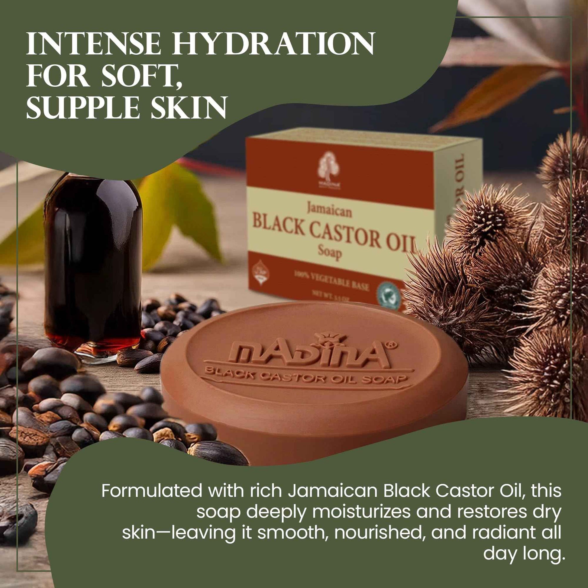 Madina Jamaican Black Castor Oil Soap Bar – Deep Moisturizing, Hydrating, 100% Vegetable-Based, Halal & RSPO Certified, Gentle Cleanser for All Skin Types, 6 Pack (3.5 oz Each)