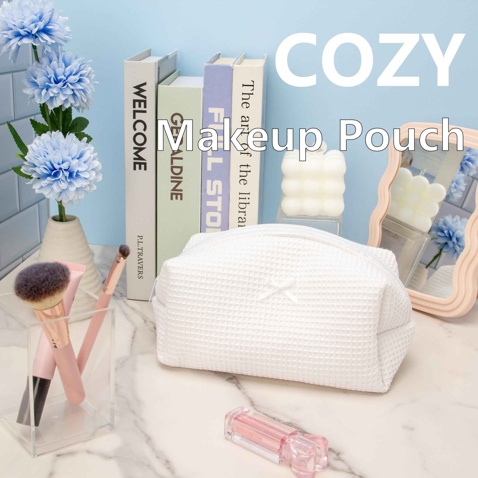 PAZIMIIK 6PCS Cozy Makeup Bag SET Travel Cosmetic Bag for Women Soft Toiletry Bag Aesthetic Makeup Organizer Portable Large Zipper Pouch for Skincare Beauty Accessories Brushes Waffle Check White