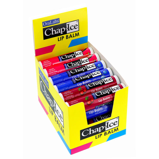 Chap-Ice® | Premium and Traditional Lip Balm for Chapped, Dry, or Windburned Lips | 3 Flavor Assorted Display - Cherry SPF-4, Moisture SPF-15, Watermelon - 24 Sticks (0.15oz/4.25g)