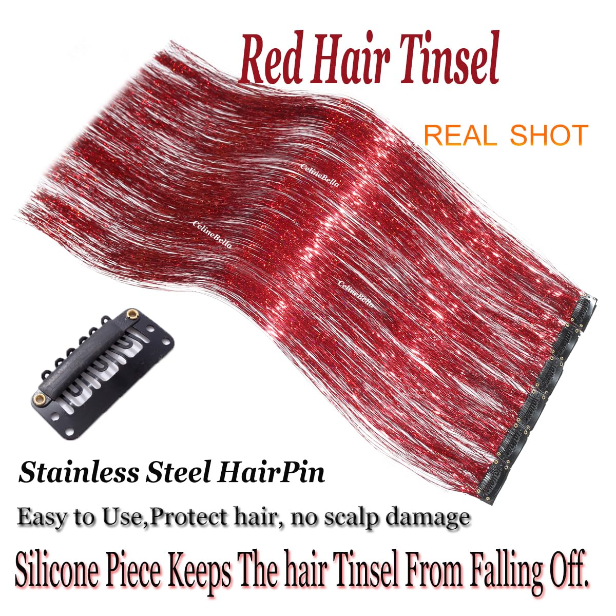 CelineBella Clip In Hair Tinsel Red Tinsel Hair Extensions 80 Strands/Pcs Very Cute for Kids Girls Cosplay Party Christmas