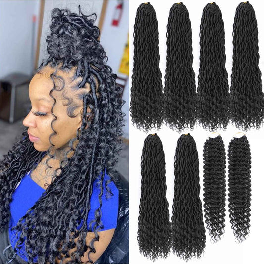 8 Packs New Goddess Locs Crochet Hair 18 Inch River Locs Braids Hair Boho Faux Locs Wavy Crochet Hair with Curly End Boho Style Synthetic Braid Hair for Black Women (#1B 18inch)