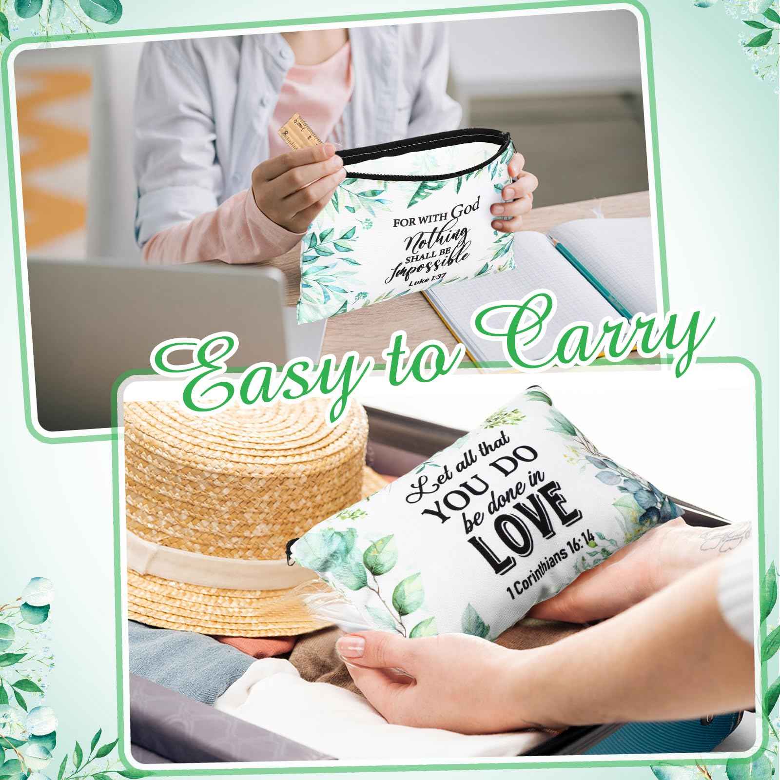 Hillban 36 Pcs Christian Gifts for Women Christian Makeup Bag Bible Verse Cosmetic Bag Inspirational Pencil Case with Zipper Green Leaves Travel Organizer Pouch for Cosmetics Makeup Brushes, 12 Styles